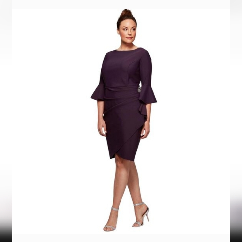 Alex Evenings Size 24 W Elegant Purple Ruffle Bell Sleeve Jeweled Waist Dress